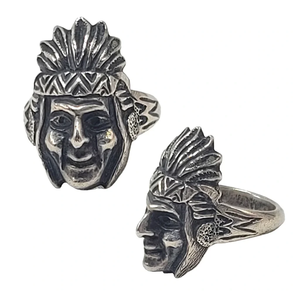 Mens Sterling Silver Ring Native American Indian Chief Smiling Chunky Headdress